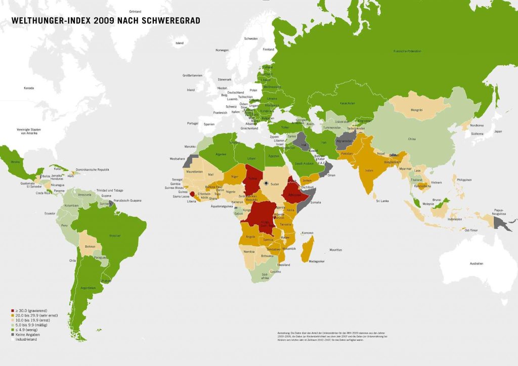 世界の飢餓指数。アフリカで特に深刻であることがわかる。